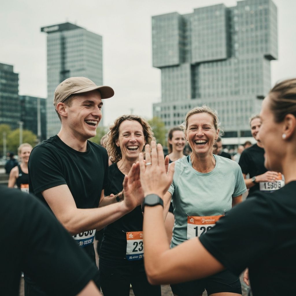 Groep lopers vieren samen na de marathon